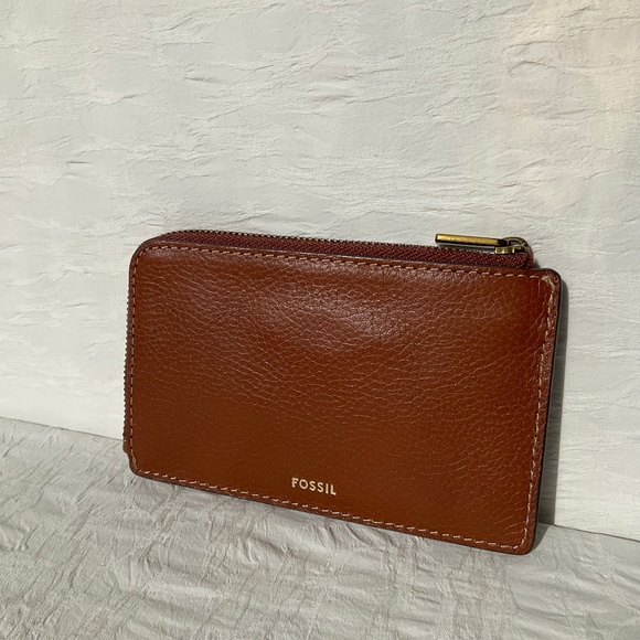 Fossil Jori Zip Card Case Leather Medium Brown Pebbled Leather NWT - Picture 1 of 10